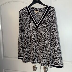 Michael Michael Kors Womens XL Animal Print V-Neck Blouse Black White Striped